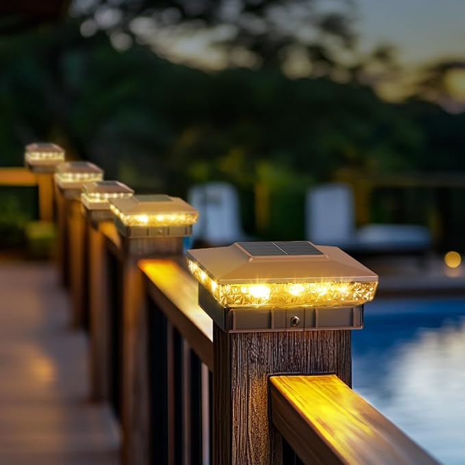 KEILAIMO Solar Post Cap Lights, 12-Pack Upgraded Outdoor Deck Fence Post Solar Lights for 4x4 5x5 Wood/Vinyl Posts, IP65 Waterproof, 10-12 Hours Warm/Cool White Glow for Garden/Patio/Porch - Brown
