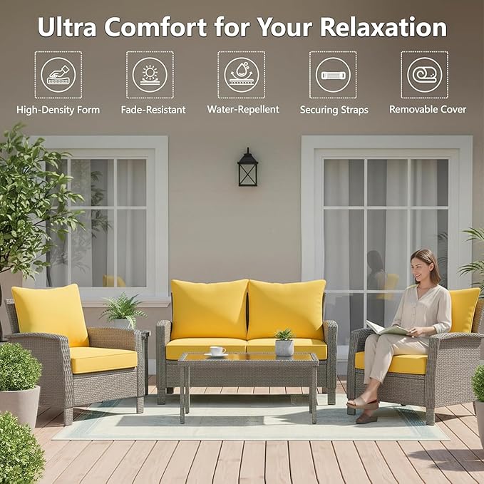 24x24 Inch Outdoor Chair Cushions Set of 4, Patio Furniture Cushions - Removable Cover, Water-Repellent, Fade-Resistant, Non-Slip Bottom & Straps, Replacement for Deep Seat Sofa & Couch - Yellow