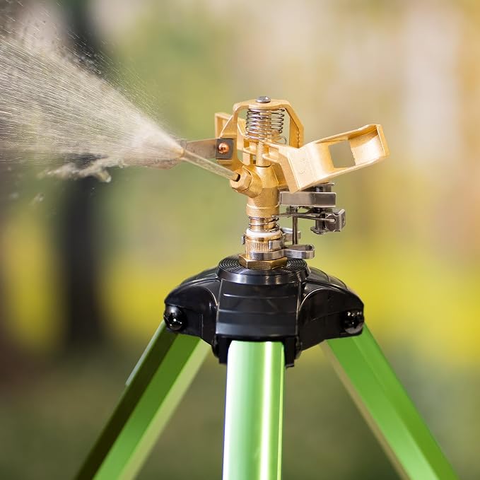 VEVOR Impact Sprinkler on Tripod Base, Heavy Duty Tripod Sprinklers with Brass Head & 3/4" Connector, 360 Degree Large Area Coverage Irrigation Sprinkler, Adjustable Heights, for Yard Green