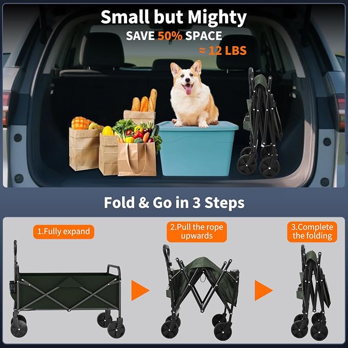 Garvee Wagons Carts Foldable, Garvee Utility Collapsible Wagon with All-Terrain Wheels, Drink Holders & Adjustable Handle, 220 LBS Portable Grocery Wagon for Shopping, Camping, Garden -Green
