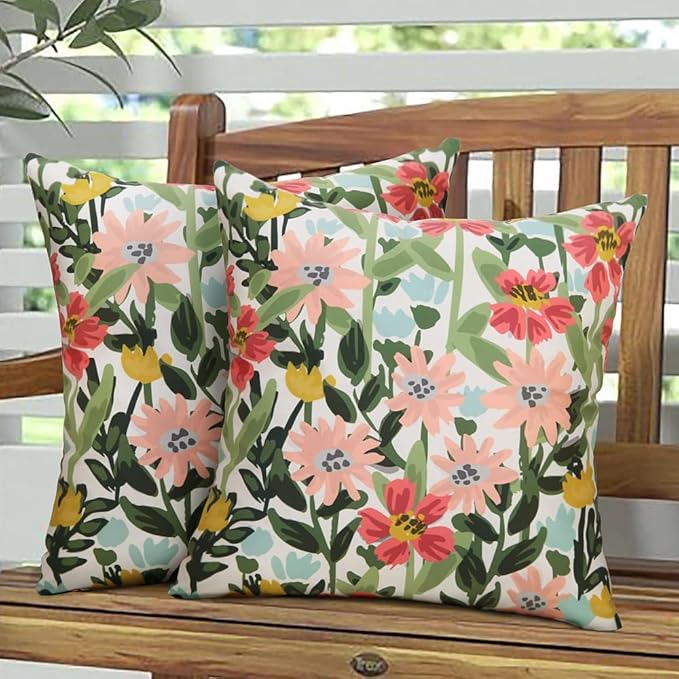 Pyonic Outdoor Pillows Covers Pack of 2 Spring Summer Floral Waterproof Throw Pillow Covers 18X18 inch Outdoor Pillows for Patio Furniture Garden Square Outside Waterproof Pillow