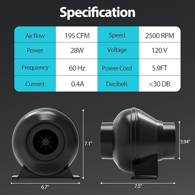 Toolazy 4 Inch Inline Fan with Speed Controller – ETL Listed, 195 CFM Quiet Duct Ventilation Fan for Grow Tent, Hydroponics, Greenhouse,Bathroom, Basement, HVAC – Black