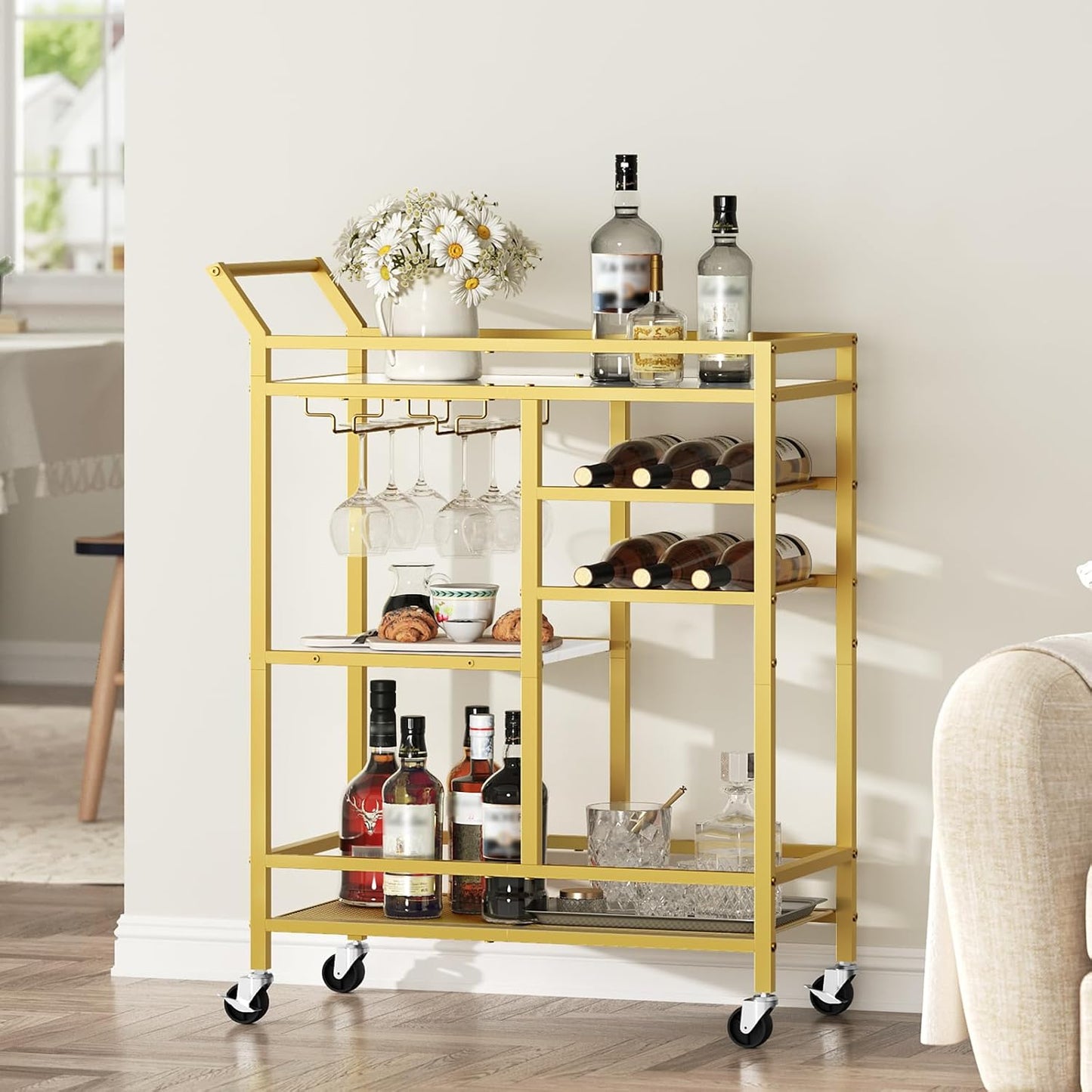 Bar Cart for Home, 3-Tier Serving Cart with Mirrored Top, Beverage Cart with Wine Rack and Glass Holder, Drink Cart with Wheels, for Dining Room, Living Room, Gold and White RCJM7101