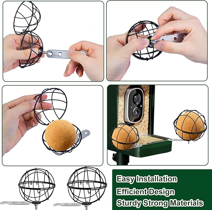 Metal Suet Ball Holder, Black Bird Suet Ball Cage Durable Bird Feeder Accessories with 5mm Screw Hole and 2PCS Perch Extender Compatible with Outdoor Smart Feeders (2 PCS-Dia 3.15", Dia 2.75")