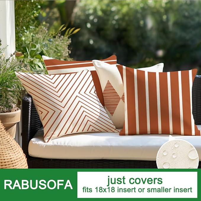 RABUSOFA Outdoor Pillows Covers 18x18 inch Waterproof,Fall Rust and Beige Boho Cushion Cases Set of 4 for Patio Furniture Sunbrella Couch(2R-18) (Rust and Beige, 18" x 18" (Pack of 4))