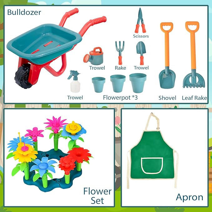 unanscre Gardening Tool Set for Kids, with Toddler Wheelbarrow, Watering Can, Spray Bottle, Double Rake, Shovel, Trowel, Pruner, Flowers Kit, Apron, Pretend Play Garden Toys for Age3+ Outdoor Yard