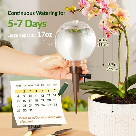 NiHome Plant Self-Watering Globes for Busy Individuals & Travelers, Long-Lasting Moisture Consistent Dripper Spike for Indoor Plants, Adjustable Flow Valve Easy to Refill & Maintain (2-Pack)