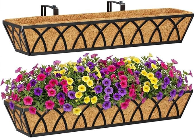Y&M 2pcs 30'' Metal Outdoor Planter Boxes, Large Railing Mount Planters with Coco Liner for Balcony, Porch, Fence