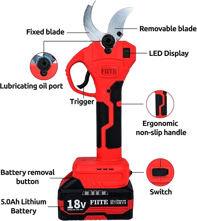 Brushless Electric Pruning Shears, 40mm 1.6'' Cutting Diameter Portable Cordless Pruning Shears with LCD Display Garden Shears & 2 * 5.0Ah Rechargeable Batteries and Toolkit for Garden Tree Branch