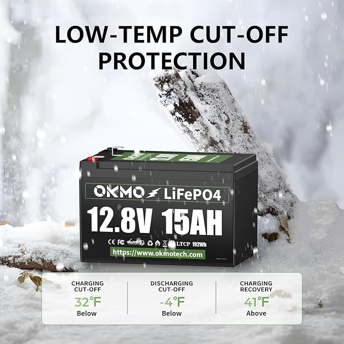 OKMO 12V 15Ah LiFePO4 Lithium Battery 12.8V, 15000+ Deep Cycles rechargeable for Lighting, Kayak Fish Finder, Radio, Backup Power and More