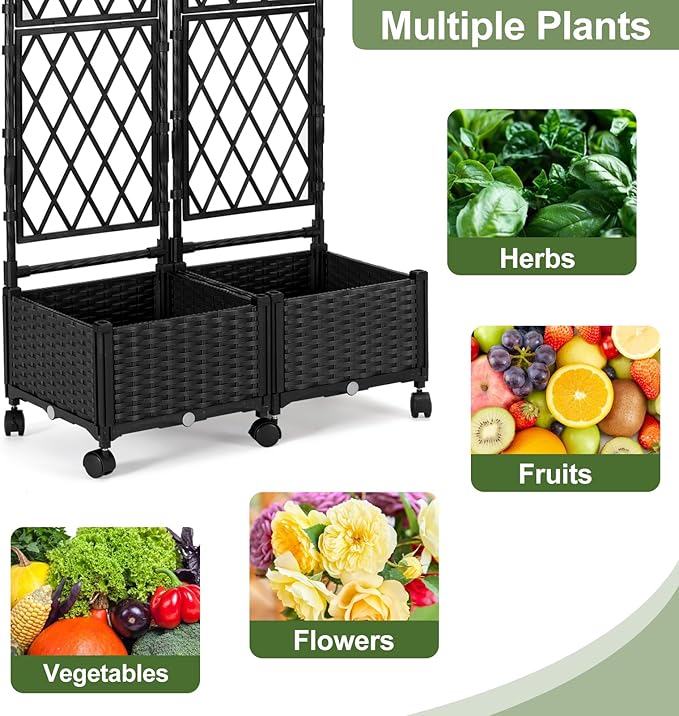 FOLLOOK Planter Box with Trellis, 4ft Tall Self-Watering Plastic Raised Garden Beds and Lattice Trellis with Lockable Wheels & Drain Plug for Outdoor Patio Backyard Balcony, Black, 2 Pcs