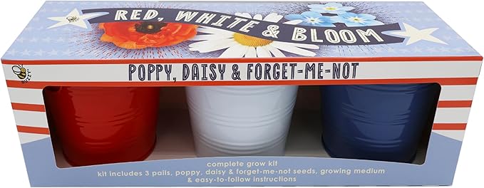BUZZY Seeds Americana Grow Kit 3-Pack – Red White and Blue Pails with Daisies, Poppies & Forget-Me-Nots – Fun Patriotic Indoor Flower Grow Kit, DIY Gardening Gift Set