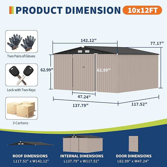 GarveeLife 10x12x6.4 ft Outdoor Storage Sheds with Floor, Metal Garden Tool Shed for Backyard, Large Metal Sheds Outdoor Storage With Lockable Doors & Air Vents for Backyard Garden Patio Lawn