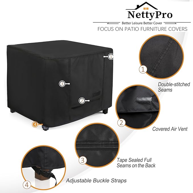 NettyPro Outdoor Patio Ottoman Cover, Waterproof Square Side Table Cover, 20L x 20W x 18H inch, Black