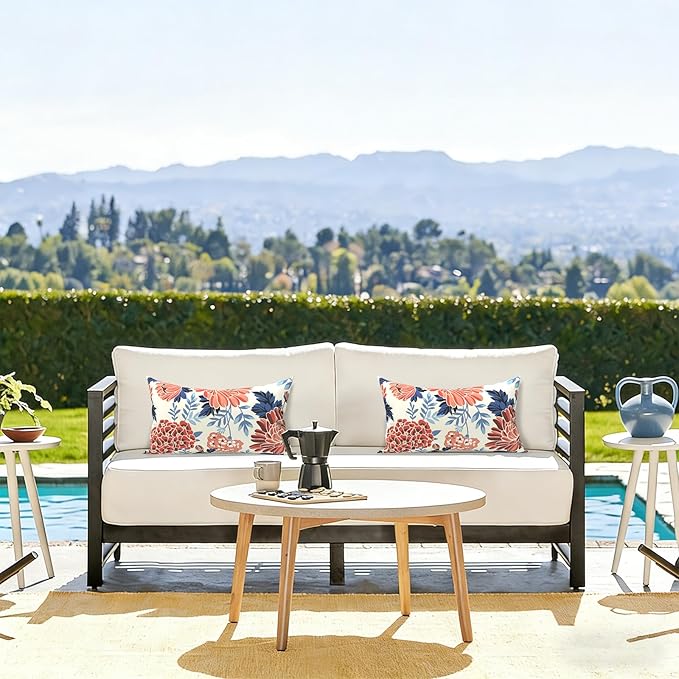 LVTXIII Outdoor/Indoor Lumbar Pillows, Decorative Patio Lumbar Cushions, Fluffy Fade Resistant Throw Pillow Cushions for Home Patio Coach Sofa, 12×20 Inch, Pack of 2, Red Chrysanthemum