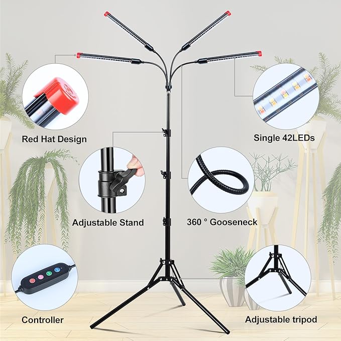 FRGROW 4Head Grow Light with Stand for Tall Indoor Plants, Bonsai Tree, Bright Full Spectrum Plant Growing Lamps, 4/8/12/16/20H Timer, 36 Watt Power Draw, NO Need Adapter, 360° Gooseneck