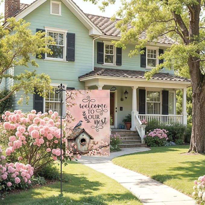Welcome To Our Nest Garden Flag Double-Sided Yard Outdoor Decoration 12x18 Inch, Outdoor Bird Nest Flower Welcome Garden Flag, Home Decor Banners, New Home Housewarming Gifts
