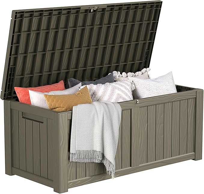 DWVO 120 Gallon Large Deck Box Outdoor Storage Box, Lockable Outside Storage Bin for Gardening Tools, Patio Cushions, Waterproof Resin (Light Brown)