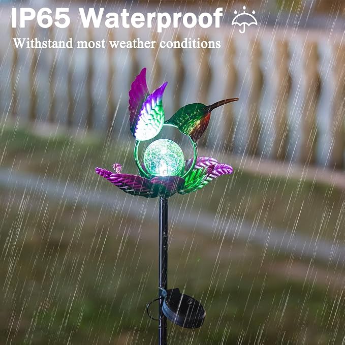 Solar Wind Spinners Outdoor,Green Hummingbird Garden Wind Spinner for Yard Art Lights,Waterproof LED Cracked Glass Ball Pinwheel for Outdoor Yard Lawn Patio Decorations