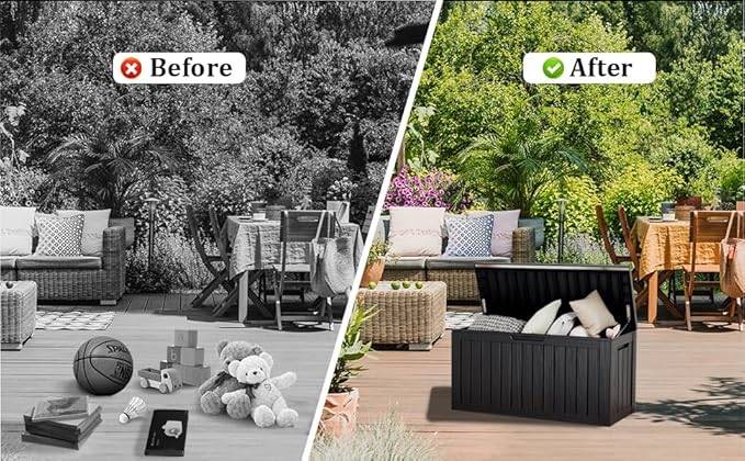 BTEXPERT 150 Gallon Outdoor Storage Container Deck Box with Metal Support Rods for Patio Furniture Garden Tools Cushions Waterproof Lockable UV Resistant Resin