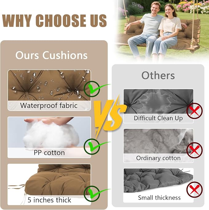 Porch Swing Cushions Outdoor, 5 Inch Thick Waterproof 2-3 Seater Replacement Swing Cushion with Backrest and Anti-Slip Ties, Perfect for Porch, Patio, Garden, Outdoor Bench Furniture, 40×40×5 Inch