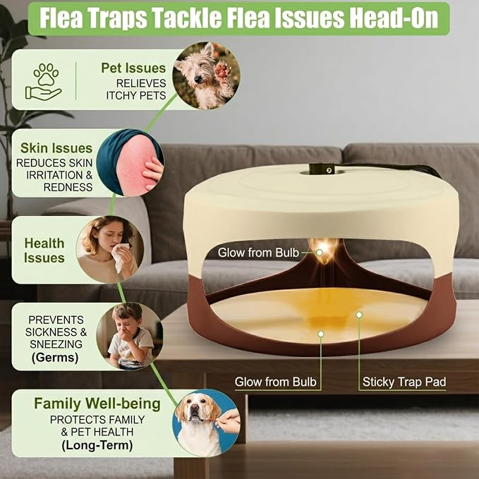 4 Packs Flea Trap-Flea Traps for Inside Your Home, Effective Flea Trap with Light for Indoor, Friendly Traps for Garage with 12 Sticky Disc 12 Bulbs 4 Electric Wires, Safe to Pets