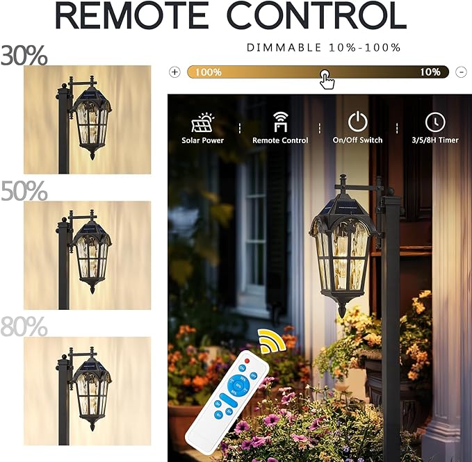 Emliviar Solar Pathway Light Outdoor, Garden Landscape Lighting Waterproof, 2700K LED Post Lamp with Remote Control, Black Pole Lantern with Water Ripple Glass, XE307PL-SL BK
