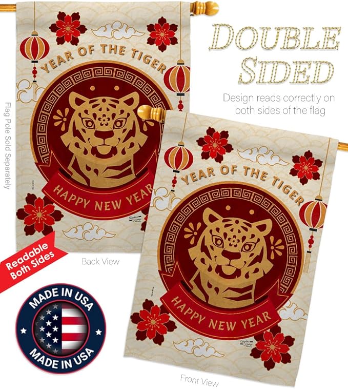 Happy Tiger Year House Flag New Lunar Good Luck Prosperous Seasonal Arrival Blessing Decoration Banner Small Garden Yard Gift Double-Sided, Made in USA