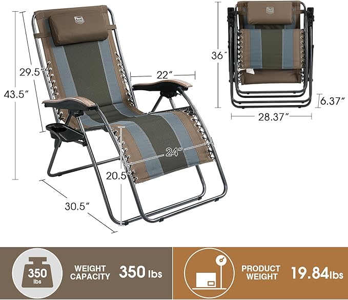 Timber Ridge Oversized Zero Gravity Chair, Padded Reclining Lounge Chair with Adjustable Headrest & Cup Holder, Heavy Duty Support 350 lbs, Foldable for Camping, Lawn, Outdoor & Indoor