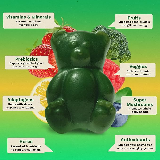 Gruns Adults Super Greens Gummies, Multivitamin Superfood Gummy Bears, Spirulina, Chlorella, Prebiotics & Fiber Gummies for Digestive Health, Adaptogens Supplement, 20 Vitamins & Minerals, 10 Count