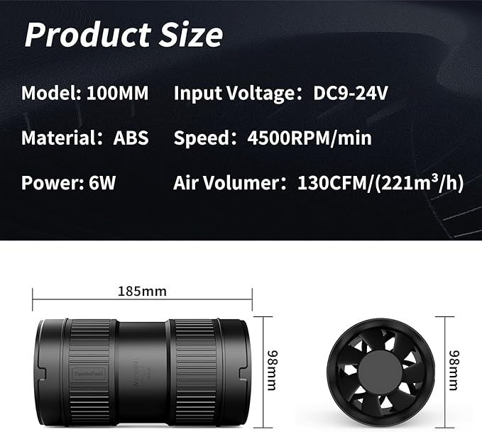 FanGoFast 4 Inch Inline Duct Fan 130CFM Airflow with Stepless Speed Control Low Noise Energy Saving Ventilation Booster Fan for Grow Tents,Workshops,Basements