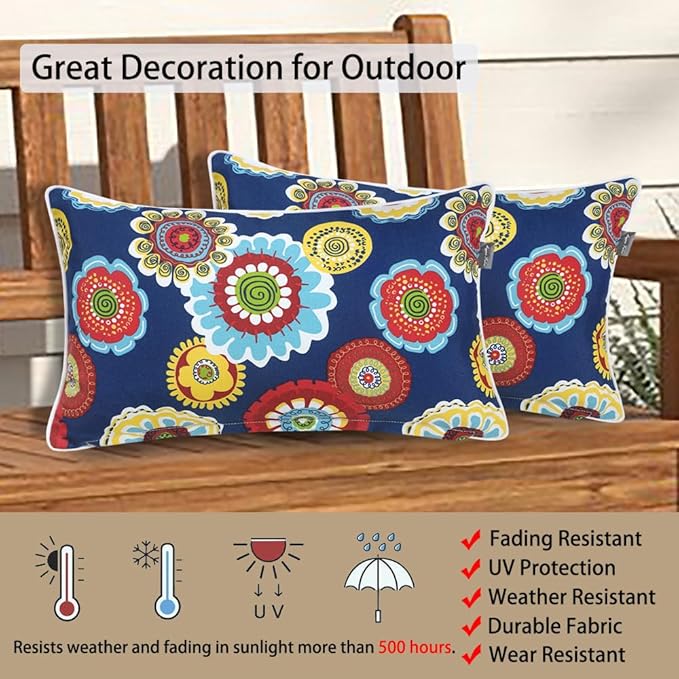 Magpie Fabrics Pack of 2 Outdoor Lumbar Pillow Case Covers 12"x20", Waterproof Rectangular Throw Pillowcase Shell Decorative Sham for Patio Garden Couch - Floral Navy
