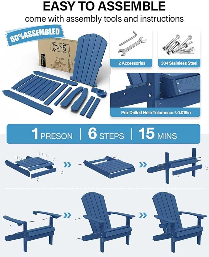 YEFU Adirondack Chairs Set of 4: Outdoor Chair HIPS Plastic Adirondack Chairs - Patio Chairs with Cup Holder & Wood Texture - Lawn Fire Pit Deck Porch Garden Chairs for Adults (Navy Blue)