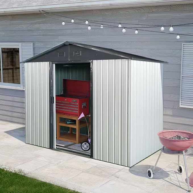 8x4 FT Outdoor Metal Storage Shed, Galvanized Steel Garden Shed with Window, Lockable Sliding Door, Sloped Roof, Ventilated Tool Storage House with Foundation Kit for Backyard Equipment, White+Black