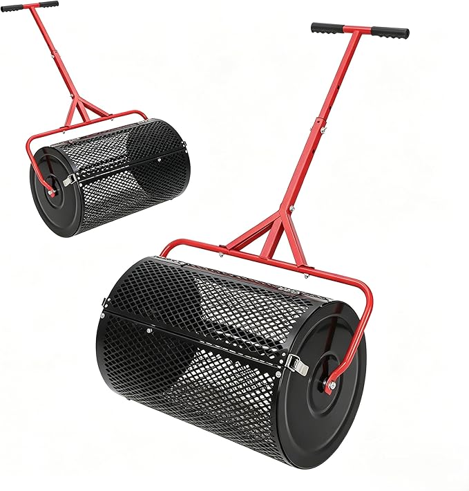Compost Spreader, 24 Inch Peat Moss Spreader with Handle, 3 Heights Adjustable, Powder Coated Metal Mesh Top Dressing Spreader for Lawn, Planting Seeding