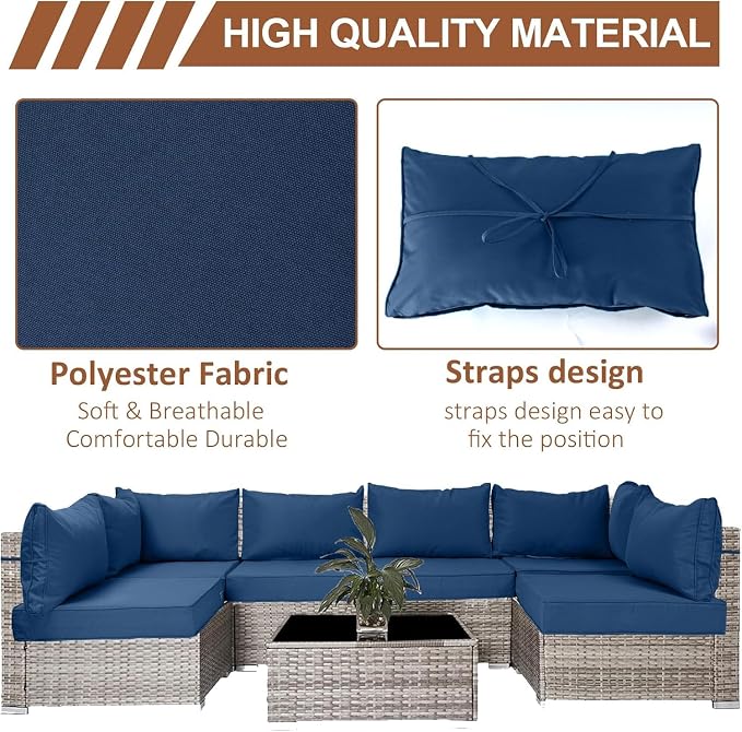 14 Piece Outdoor Furniture Replacement Cushions, Cover+Filling, 25.6" x 25.6" x 4" Foam Waterproof Outdoor Sofa Cushion Sets, Fit Wicker Rattan Sectional Conversation Set,Sky Blue