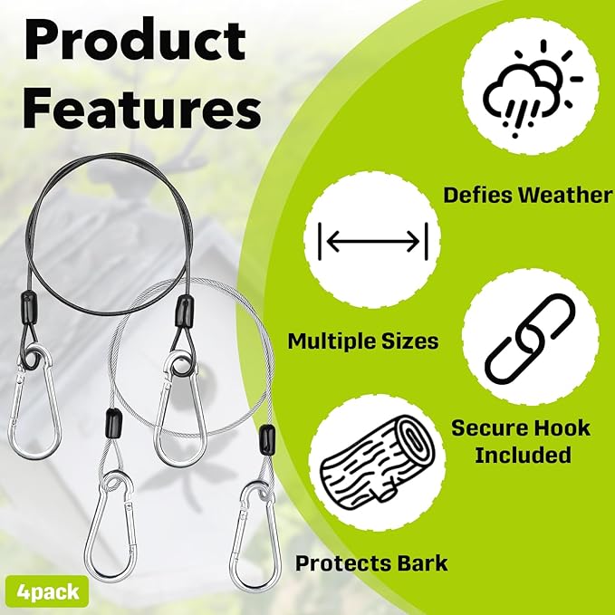 4PCS 39.3" & 73.6" Bird Feeder Hanger for Tree with Carabiner Clip, Stainless Steel Rope with Carabiner Clip, Flexible Steel Cable with Carabiner Hook for Outdoor Decor, Garden & Patio, Black & Silver