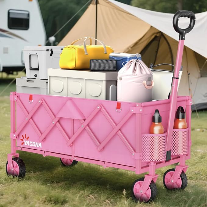 35" L Extra Long Wagons Carts Foldable, 360LBS Heavy Duty Collapsible Wagon with Wheels, Folding Wagon Portable Utility Cart for Groceries, Shopping, Camping, Sports (Pink, 180L)