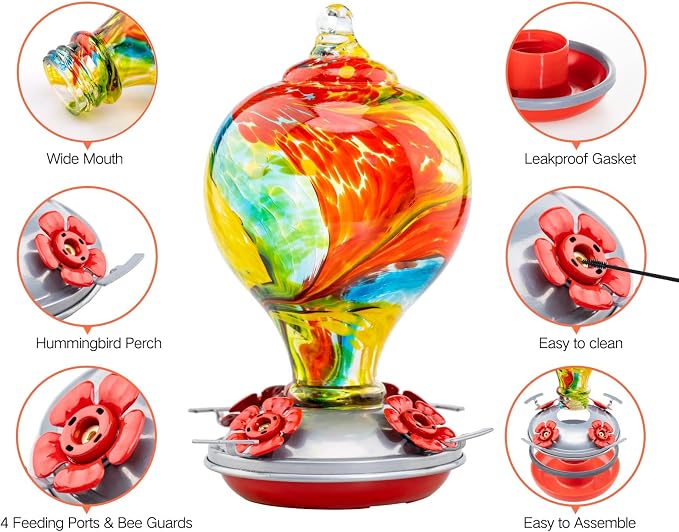 Muse Garden 32OZ Hummingbird Feeders Hanging, Blown Glass Hummingbird Feeder, Garden Backyard Decor, Carnival | Muse Garden 32OZ Hummingbird Feeders Hanging, Blown Glass Hummingbird Feeder, Garden Backyard Decor, Carnival