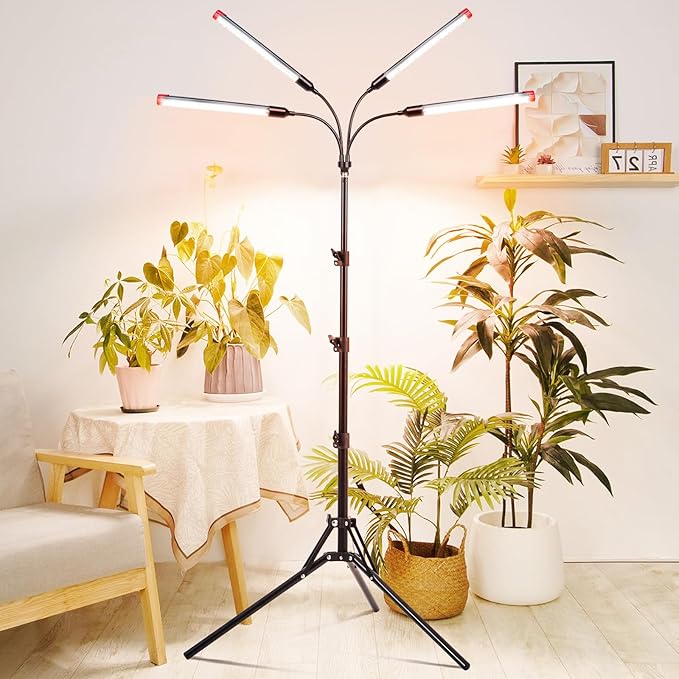 FRGROW 4Head Grow Light with Stand for Tall Indoor Plants, Bonsai Tree, Bright Full Spectrum Plant Growing Lamps, 4/8/12/16/20H Timer, 36 Watt Power Draw, NO Need Adapter, 360° Gooseneck
