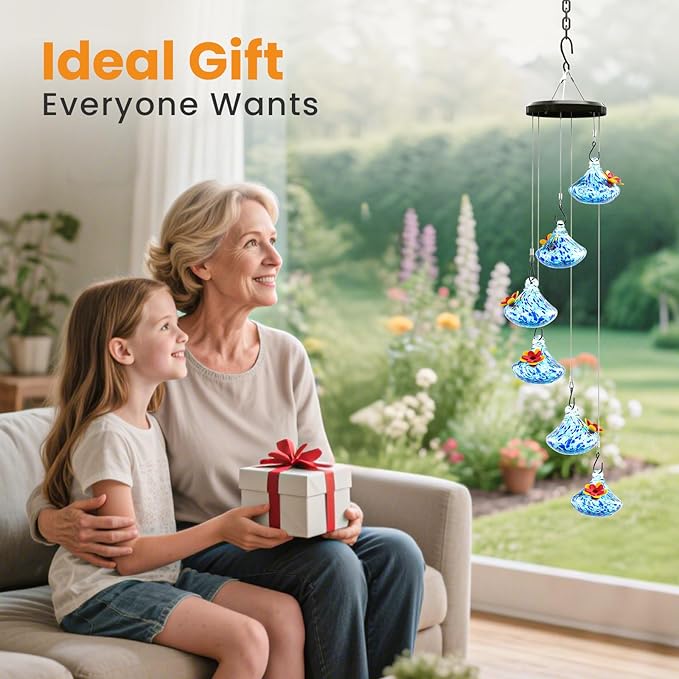 Wind Chime Glass Hummingbird Feeder - 20 Oz Outdoor Hanging Feeder with 6 Ports, Attract More Hummingbirds, Leak-Proof Design, Unique Garden Backyard Decor & Ideal Gift (Blue)