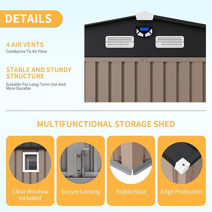 10x12FT Metal Storage Shed with Sloped Roof, Lockable Doors, Solar Light, Windows, and Vents, Outdoor Storage Sheds for Garden, Backyard, Patio Tools and Equipment