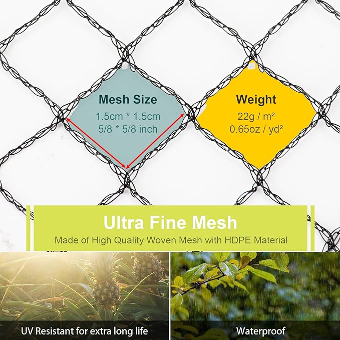 Bird Netting for Garden, 7.5 x 98 FT Heavy Duty Anti Bird Netting Mesh with Ties and Landscape Staples for Vegetable, Fruit Trees & Other Plants, Lasting Against Birds Deer Squirrels and Poultry