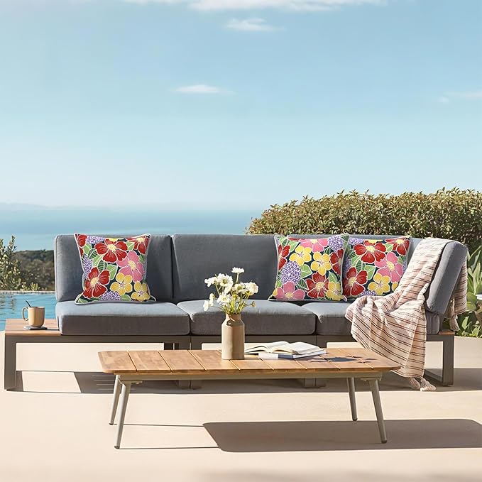 LVTXIII Outdoor Throw Pillows 20x20 Patio Waterproof Square Pillows with Piping Fade Resistant Accent Pillow for Spring Summer Garden Decoration, Set of 2, Flower Bloom
