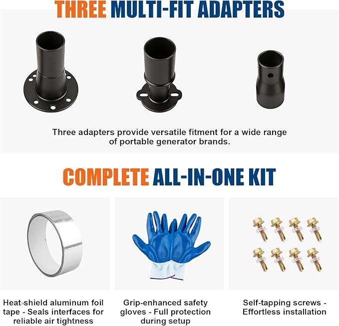 Generator Exhaust Extension Silencer Kit - 3 Universal Adapters, Insulated Through-Wall Mounting Plate, High-Performance Silencing Grille, Compatible with All Portable Generators