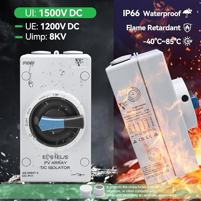 Solar Disconnect Switch 2-Pole DC1500 32A Isolator Solar Switch with Enclosure for Rooftop Solar Systems, RVs and Boat Waterproof IP66 Black