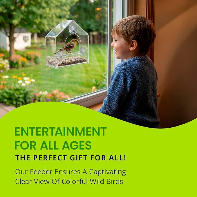 Nature Gear Window Bird Feeder with Strong Suction Cups, Clear Acrylic Window Mounted Bird Feeder, Removable Sliding Tray, Weather-Resistant, Durable, Squirrel-Resistant, House Style