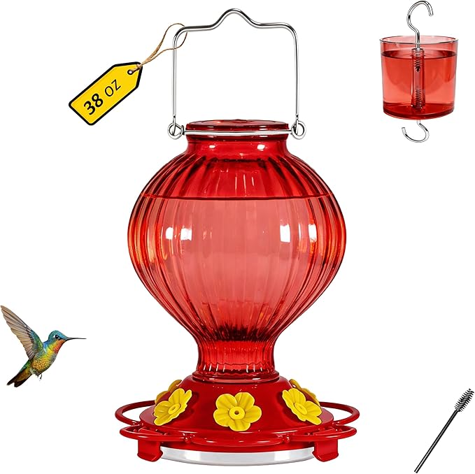 Glass Hummingbird Feeder for Outdoors Hanging, 38 oz Nectar Capacity, 6 Feeding Ports, Leak-Proof Rust-Free Plastic Base, Easy to Refill & Clean, Decorative Red Glass Bird Feeder for Garden Patio