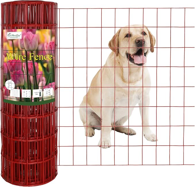 Red PVC Coated Welded Wire Fence 24 Inch x 50 Foot, 2 Inch x 3 Inch 16GA, Garden Border Fencing Roll Vinyl Coating Metal Wire Mesh for Yard Vegetable Plant Protection Poultry Netting