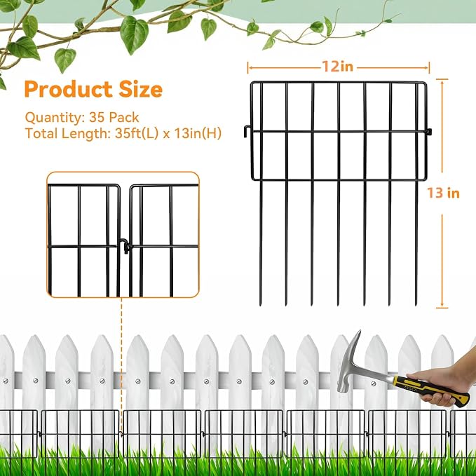 35 Pack Animal Barrier Fence, 35ft(L) x 13in(H) No Dig Fence for Dogs, 1.2in Gaps Anti Digging Fence for Dogs, Rustproof Metal Garden Fence Animal Barrier for Flower Beds & Patio